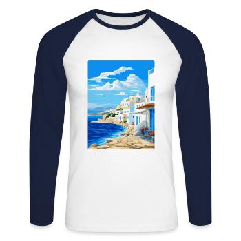 Mykonos Grèce Affiche de voyage vintage Souvenir WPA - T-shirt baseball manches longues Homme - blanc/marine - Devant - Nik (191cm)