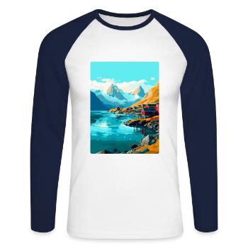 Lofoten Norwegen Vintage Reiseposter WPA - Unisex Baseballshirt langarm - Weiß/Navy - Vorne - Nik (191cm)