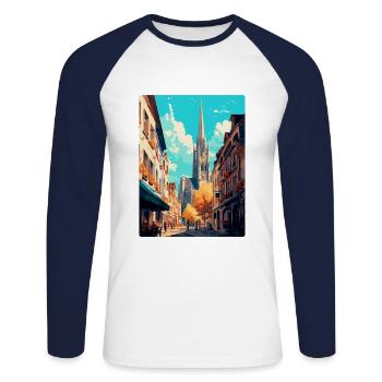 Rouen France Affiche de voyage vintage WPA Souvenir - T-shirt baseball manches longues Homme - blanc/marine - Devant - Nik (191cm)