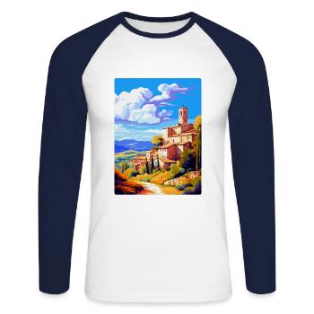 Llagostera Spanien Vintage Reiseplakat Souvenir - Unisex Baseballshirt langarm - Weiß/Navy - Vorne - Nik (191cm)