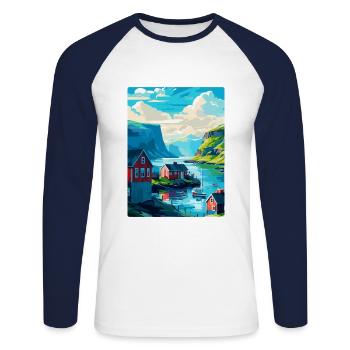 Färöer Insel Dänemark Vintage Reise Poster WPA Kunst - Unisex Baseballshirt langarm - Weiß/Navy - Vorne - Nik (191cm)