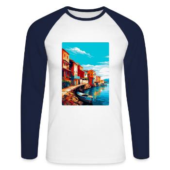 Costa Nova Portugal Affiche de voyage vintage souvenir - T-shirt baseball manches longues Homme - blanc/marine - Devant - Nik (191cm)
