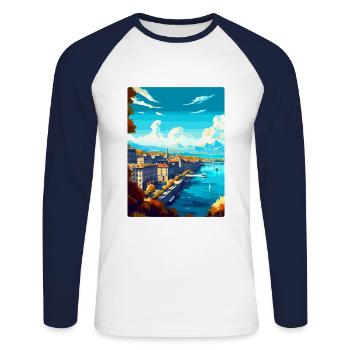 Genève Suisse Affiche de voyage vintage souvenir - T-shirt baseball manches longues Homme - blanc/marine - Devant - Nik (191cm)