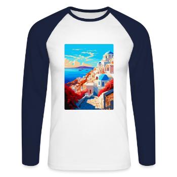 Santorin Grèce Affiche de voyage vintage souvenir - T-shirt baseball manches longues Homme - blanc/marine - Devant - Nik (191cm)