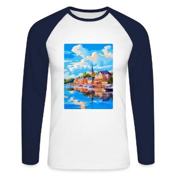 Souvenir de l’affiche de voyage vintage Naantali Finlande - T-shirt baseball manches longues Homme - blanc/marine - Devant - Nik (191cm)