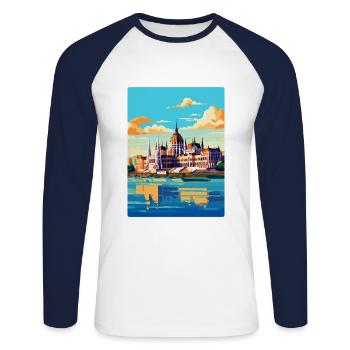 Budapest Ungarn Vintage Reiseplakat Souvenir - Unisex Baseballshirt langarm - Weiß/Navy - Vorne - Nik (191cm)