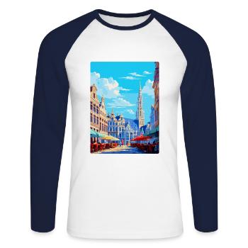Brussels Belgium Vintage Travel Poster Souvenir - Unisex Long Sleeve Baseball T-Shirt - white/navy - Front - Nik (191cm)