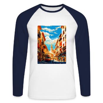 Pamplona Spanien Vintage Reiseplakat Souvenir WPA - Unisex Baseballshirt langarm - Weiß/Navy - Vorne - Nik (191cm)