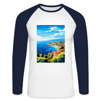 Côte d Azur Frankreich Vintage Reiseplakat Souvenir - Unisex Baseballshirt langarm - Weiß/Navy - Vorne - Nik (191cm)