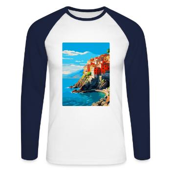 Cinque Terre Italien Vintage Reiseplakat Souvenir - Unisex Baseballshirt langarm - Weiß/Navy - Vorne - Nik (191cm)