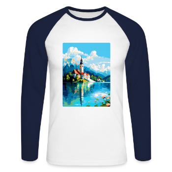 Bleder See Slowenien Vintage Reise Poster Souvenir - Unisex Baseballshirt langarm - Weiß/Navy - Vorne - Nik (191cm)