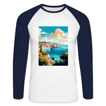 Antibes France Affiche de voyage vintage Souvenir WPA - T-shirt baseball manches longues Homme - blanc/marine - Devant - Nik (191cm)
