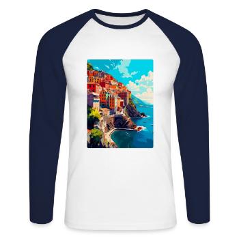 Cinque Terre Italien Vintage Reise Poster Souvenir - Unisex Baseballshirt langarm - Weiß/Navy - Vorne - Nik (191cm)