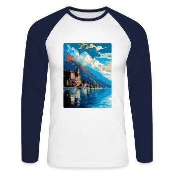 Montreux Switzerland Vintage Travel Poster WPA Art - Unisex Long Sleeve Baseball T-Shirt - white/navy - Front - Nik (191cm)