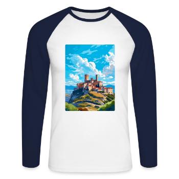 Avila Spain Vintage Travel Poster WPA Art Souvenir - Unisex Long Sleeve Baseball T-Shirt - white/navy - Front - Nik (191cm)
