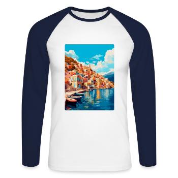 Symi Greece Vintage Travel Poster WPA Art Souvenir - Unisex Long Sleeve Baseball T-Shirt - white/navy - Front - Nik (191cm)