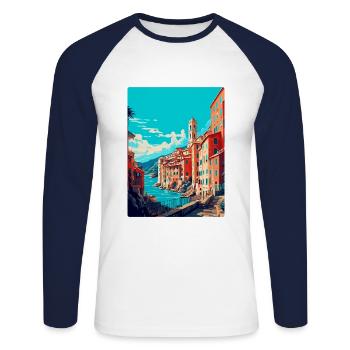 Genoa Italy Vintage Travel Poster WPA Art Souvenir - Unisex Long Sleeve Baseball T-Shirt - white/navy - Front - Nik (191cm)