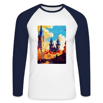 Prague République tchèque Affiche de voyage vintage WPA - T-shirt baseball manches longues Homme - blanc/marine - Devant - Nik (191cm)