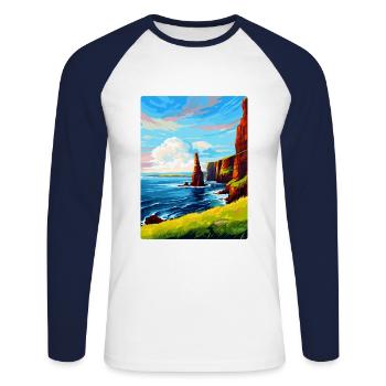 Duncansby Stacks Schottland UK Vintage Reiseposter - Unisex Baseballshirt langarm - Weiß/Navy - Vorne - Nik (191cm)