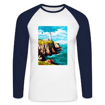 South Stack Cliffs Anglesey Affiche de voyage vintage - T-shirt baseball manches longues Homme - blanc/marine - Devant - Nik (191cm)