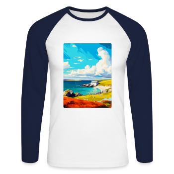 Shetland Écosse Royaume-Uni Affiche de voyage vintage WPA Art - T-shirt baseball manches longues Homme - blanc/marine - Devant - Nik (191cm)