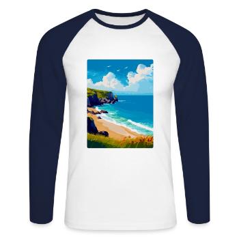 Porthcurno Beach Cornwall England Uk Travel Poster - Unisex Long Sleeve Baseball T-Shirt - white/navy - Front - Nik (191cm)