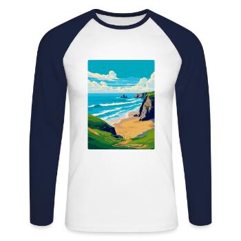 Bedruthan Steps Cornwall England Uk Travel Poster - Unisex Long Sleeve Baseball T-Shirt - white/navy - Front - Nik (191cm)