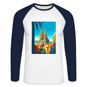 Barcelone Espagne Affiche de voyage vintage Souvenir WPA - T-shirt baseball manches longues Homme - blanc/marine - Devant - Nik (191cm)
