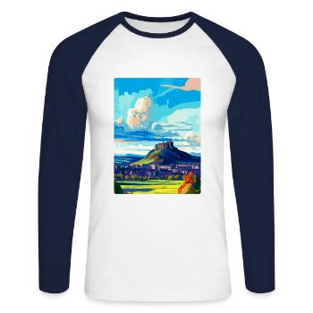 Stirling, Schottland, Vereinigtes Königreich, Vintage-Reiseposter, WPA-Kunst - Unisex Baseballshirt langarm - Weiß/Navy - Vorne - Nik (191cm)