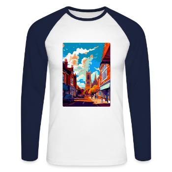 Guildford Angleterre Royaume-Uni Affiche de voyage vintage WPA Art - T-shirt baseball manches longues Homme - blanc/marine - Devant - Nik (191cm)