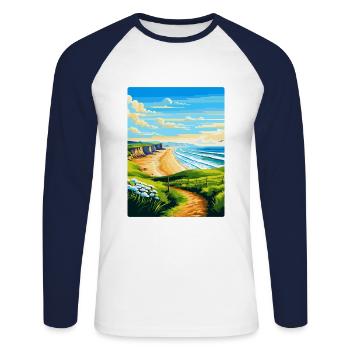 Rhossili Bay Swansea Travel Poster Souvenir WPA - Unisex Long Sleeve Baseball T-Shirt - white/navy - Front - Nik (191cm)