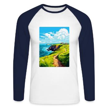 St Davids Head Pays de Galles Royaume-Uni Affiche de voyage Souvenir WPA - T-shirt baseball manches longues Homme - blanc/marine - Devant - Nik (191cm)
