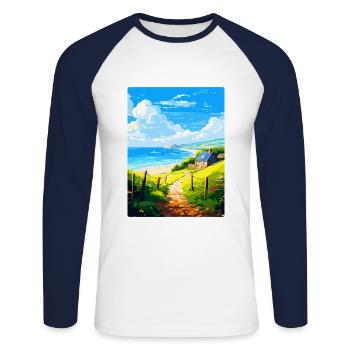 Lamorna Cornwall England Uk Travel Poster Souvenir - Unisex Long Sleeve Baseball T-Shirt - white/navy - Front - Nik (191cm)