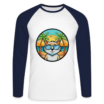 Chat Drôle Dessin Animé Plage De Soleil De Plage Autocollant - T-shirt baseball manches longues Homme - blanc/marine - Devant - Nik (191cm)