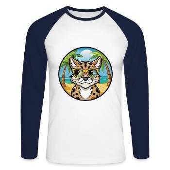 Brume tachetée australienne Race de chat Cartoon Beach - T-shirt baseball manches longues Homme - blanc/marine - Devant - Nik (191cm)