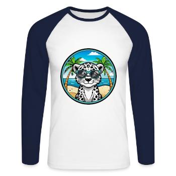 Léopard des neiges bébé chat race dessin animé lunettes de soleil plage - T-shirt baseball manches longues Homme - blanc/marine - Devant - Nik (191cm)