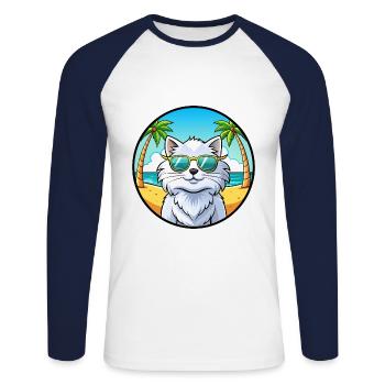 Weiße Langhaarkatze Persische Katzenrasse Cartoon Strand - Unisex Baseballshirt langarm - Weiß/Navy - Vorne - Nik (191cm)