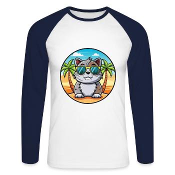 Scottish Fold Shorthair Cat Breed Cartoon Beach - T-shirt baseball manches longues Homme - blanc/marine - Devant - Nik (191cm)