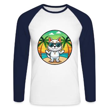 Bobtail japonais Race de chat dessin animé lunettes de soleil plage - T-shirt baseball manches longues Homme - blanc/marine - Devant - Nik (191cm)