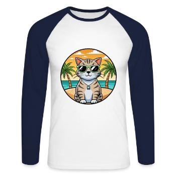 Scottish Fold Shorthair Cat Breed Cartoon Beach - T-shirt baseball manches longues Homme - blanc/marine - Devant - Nik (191cm)