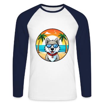 Chien Husky Labrador Canadien Race Cartoon Beach - T-shirt baseball manches longues Homme - blanc/marine - Devant - Nik (191cm)