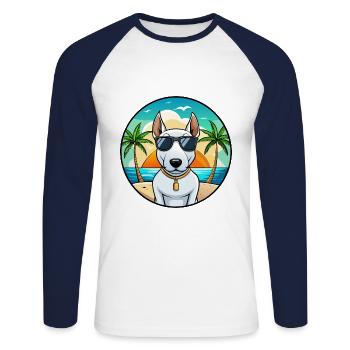 Bull Terrier Miniature Dog Breed Cartoon Beach - Unisex Long Sleeve Baseball T-Shirt - white/navy - Front - Nik (191cm)