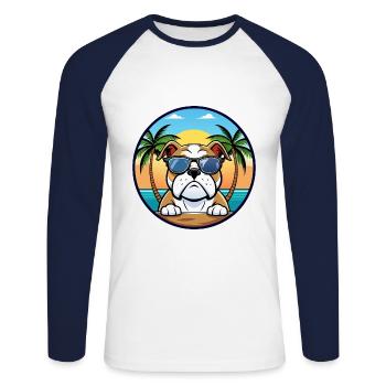 Bouledogue anglais race dessin animé lunettes de soleil plage - T-shirt baseball manches longues Homme - blanc/marine - Devant - Nik (191cm)