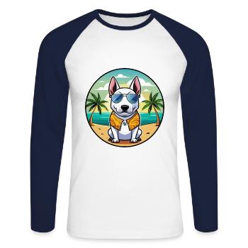 Miniature Bull Terrier Dog Breed Cartoon Beach - Unisex Long Sleeve Baseball T-Shirt - white/navy - Front - Nik (191cm)