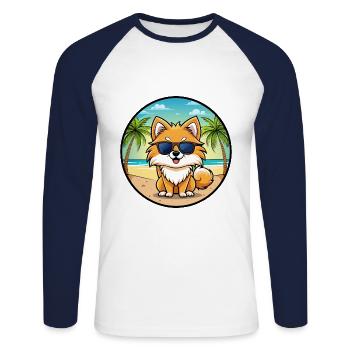 Poméranie Spitz allemand race de chien Cartoon Beach - T-shirt baseball manches longues Homme - blanc/marine - Devant - Nik (191cm)