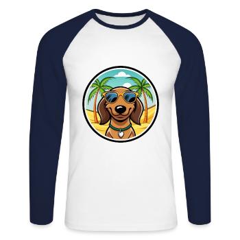 Teckel de Westphalie Race De Chien Dessin Animé Plage - T-shirt baseball manches longues Homme - blanc/marine - Devant - Nik (191cm)