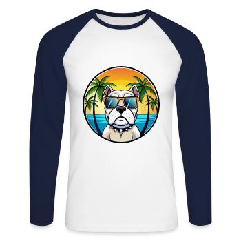 Bouledogue américain race dessin animé lunettes de soleil plage - T-shirt baseball manches longues Homme - blanc/marine - Devant - Nik (191cm)