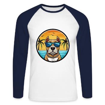 American Pitbull Terrier Dog Breed Cartoon Beach - Unisex Long Sleeve Baseball T-Shirt - white/navy - Front - Nik (191cm)