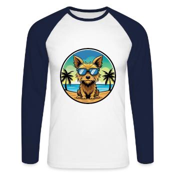 Australian Silky Terrier Dog Breed Cartoon Beach - Unisex Long Sleeve Baseball T-Shirt - white/navy - Front - Nik (191cm)