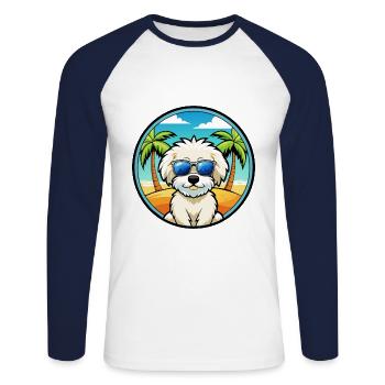 Bichon frisé race de chien dessin animé lunettes de soleil plage - T-shirt baseball manches longues Homme - blanc/marine - Devant - Nik (191cm)
